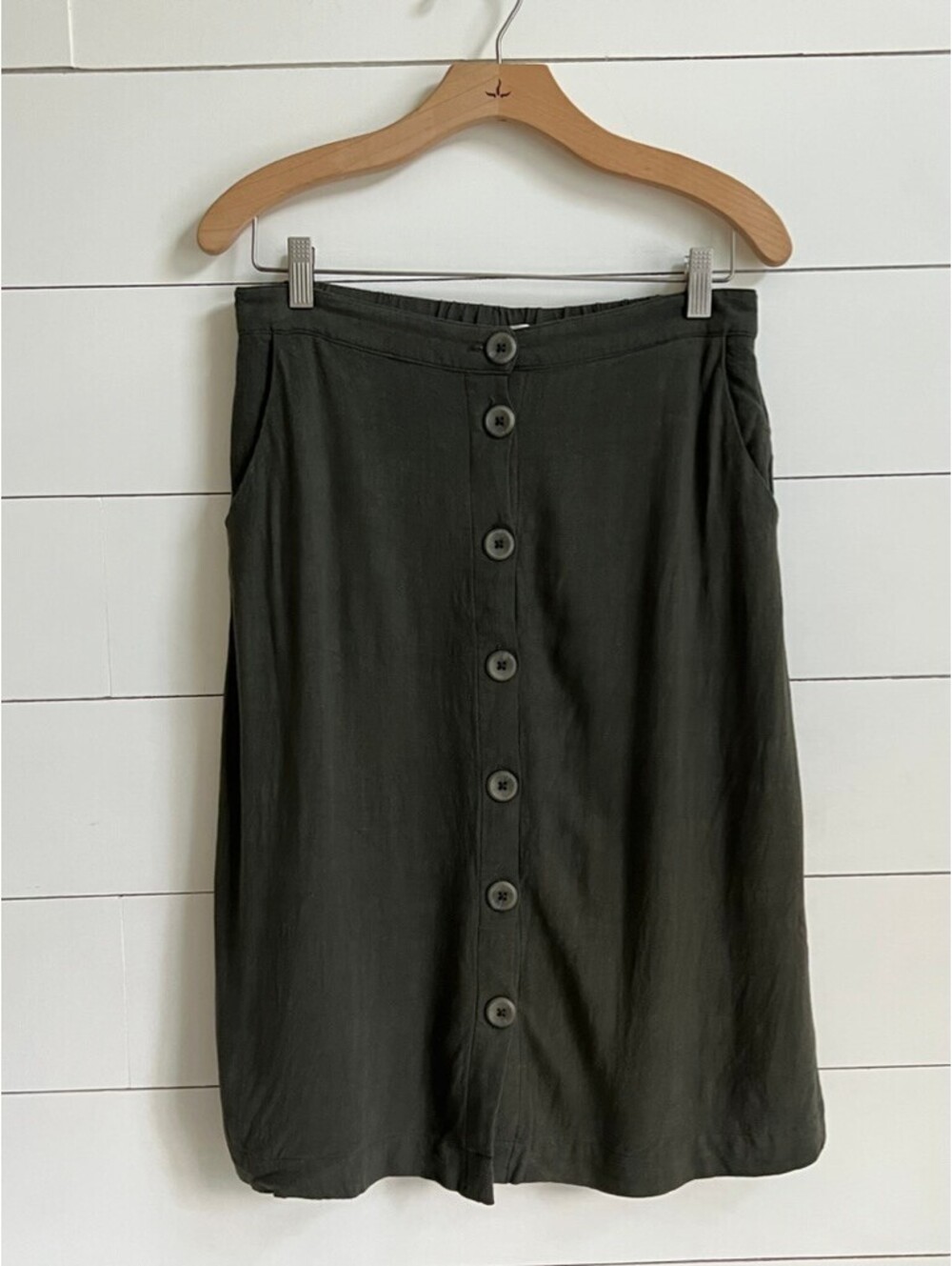 Matty M Olive Green Linen Blend Button-Front Midi Skirt with Pockets Women's M